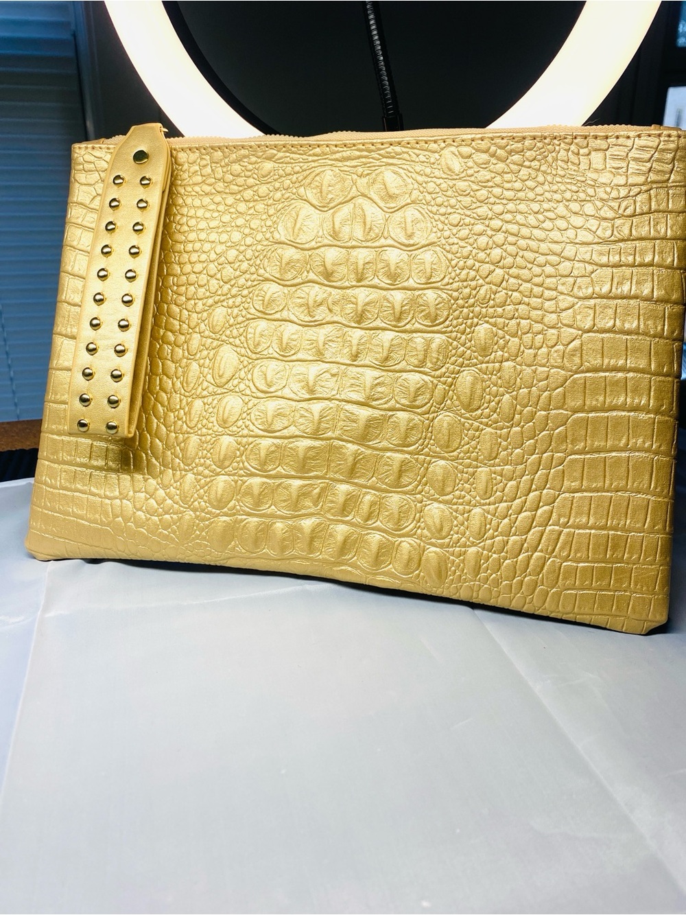 Croc-Embossed Gold Leather Wristlet Clutch